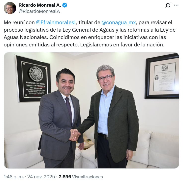 Ricardo Monreal se reúne con el titular de la Conagua para hablar del proceso legislativo de la Ley General de Aguas