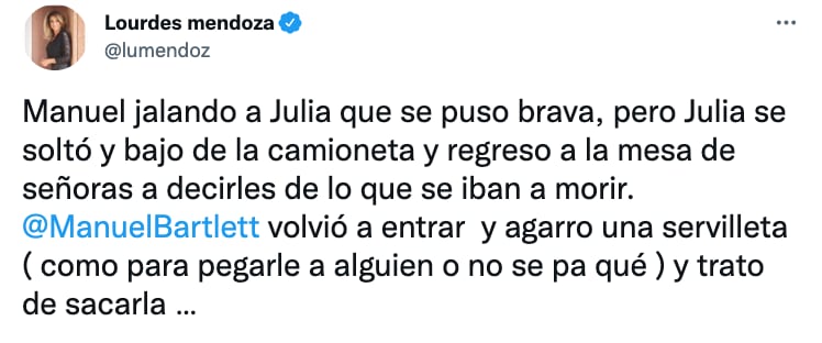 Lourdes Mendoza relata incidente de Manuel Bartlett y Julia Abdala