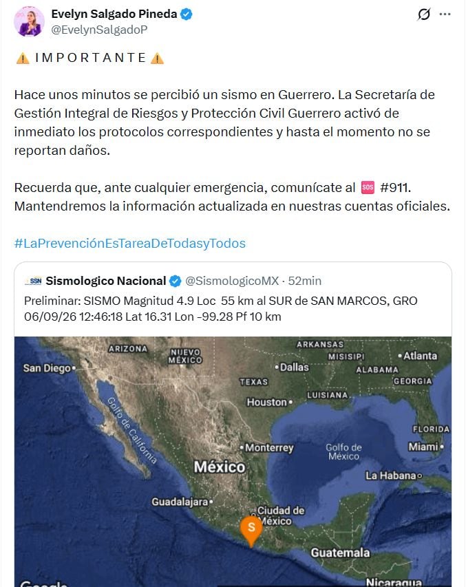 Evelyn Salgado informa que no se reportan daños tras sismo 4.9 en Guerrero