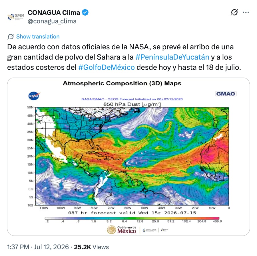 Conagua alerta por nube de polvo del Sahara en México del 12 al 18 de julio de 2026.