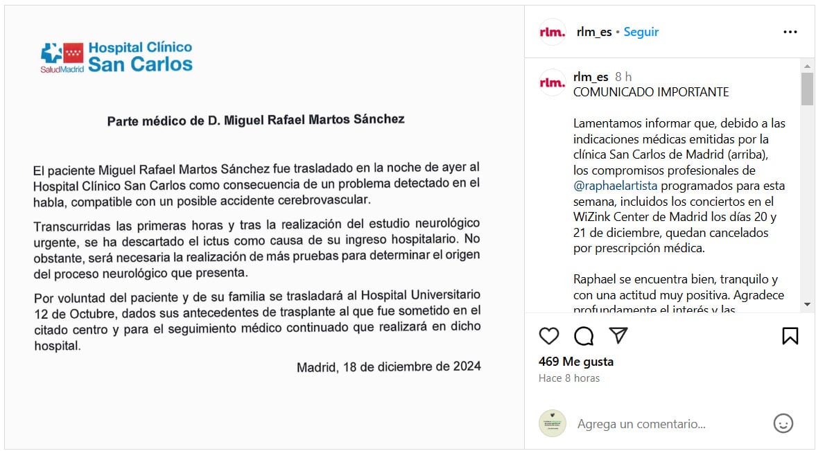 Comunicado de RLM, empresa de management que representa a Raphael