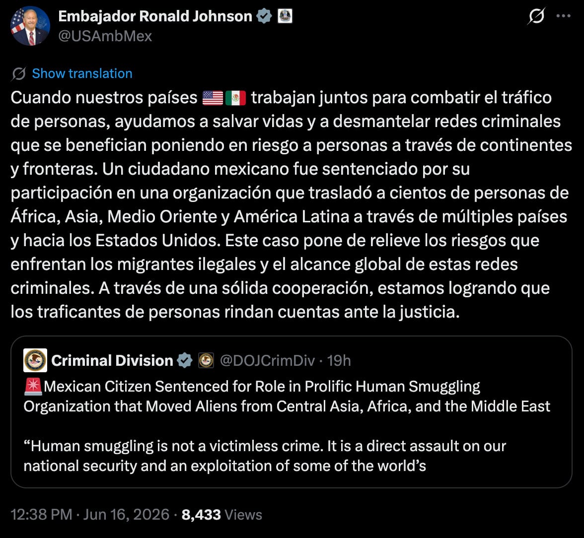 Ronald Johnson reconoce cooperación con México tras condena por tráfico de personas
