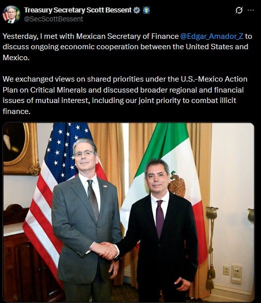 Amador y Bessent abordan minerales críticos en reunión México y Estados Unidos