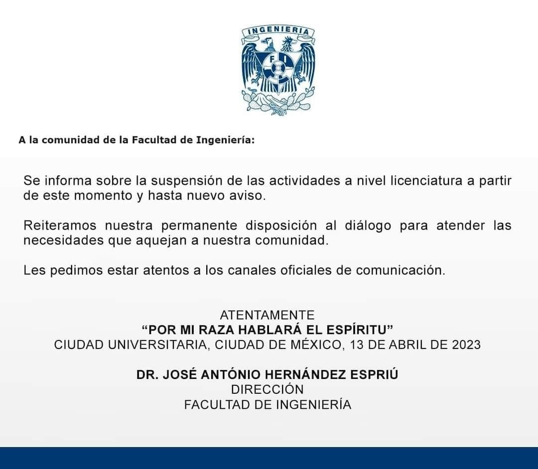 Paro en Facultad de Ingeniería de la UNAM: suspenden clases a nivel licenciatura hasta nuevo aviso