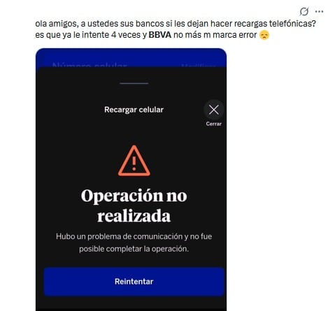 Usuario reporta falla en su app de BBVA.
