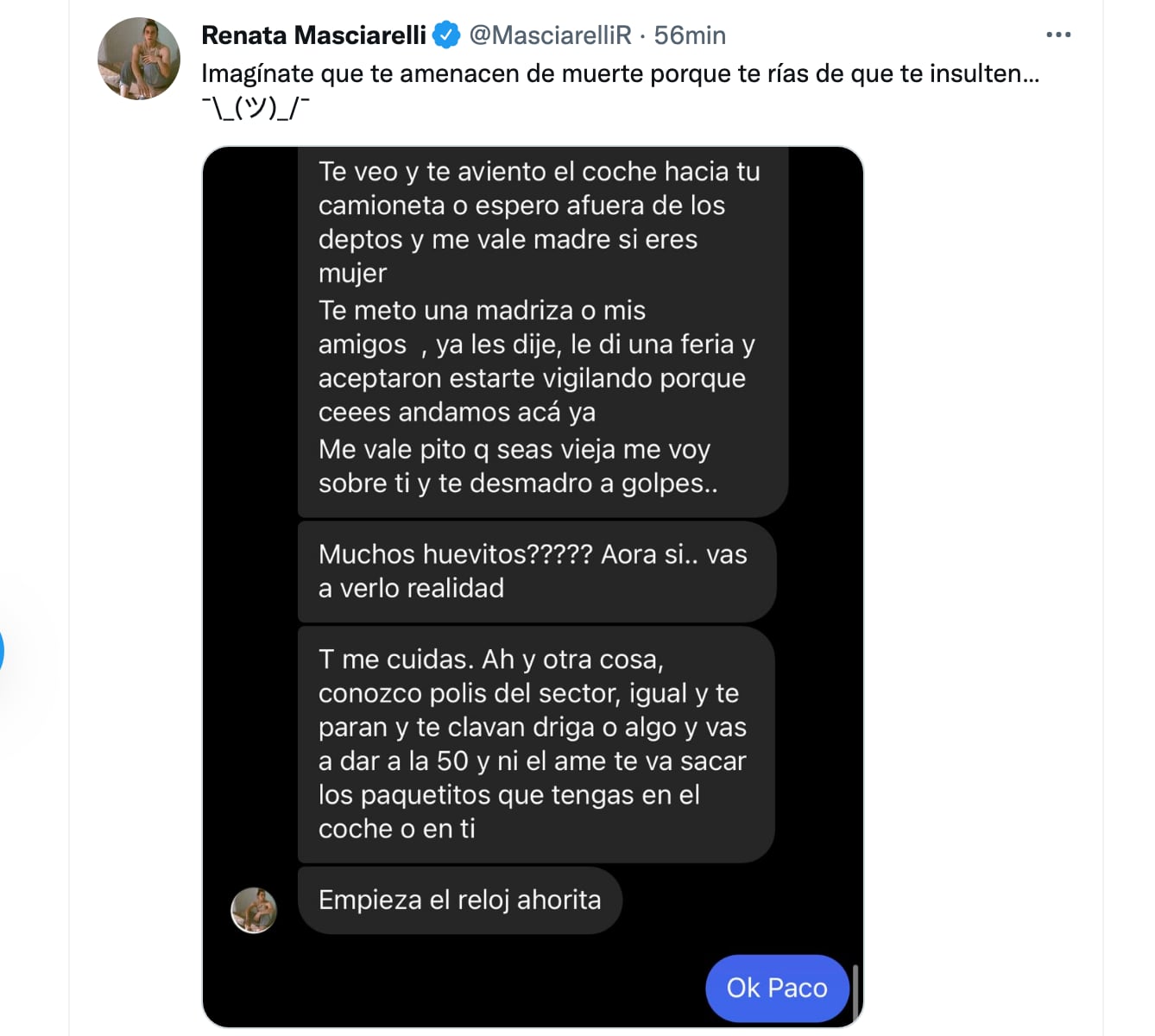 Renata Masciarelli recibe amenaza de muerte
