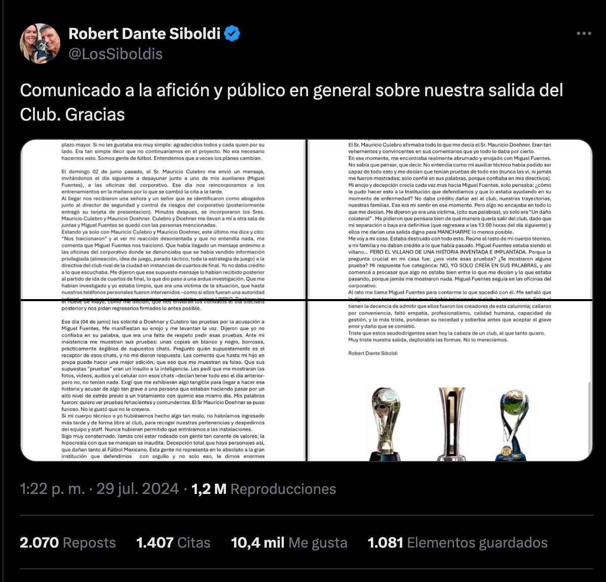 Comunicado Robert Siboldi
