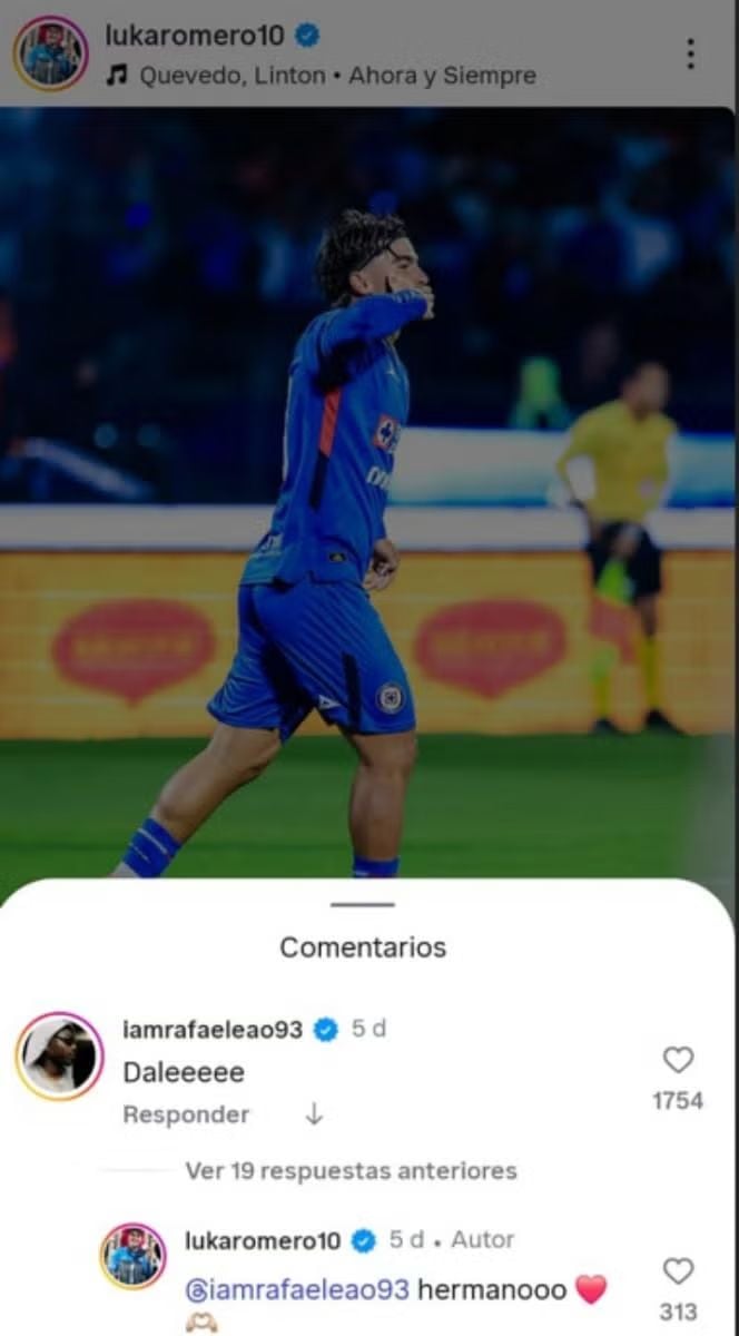 Rafael Leao comentó una publicación de Luka Romero.