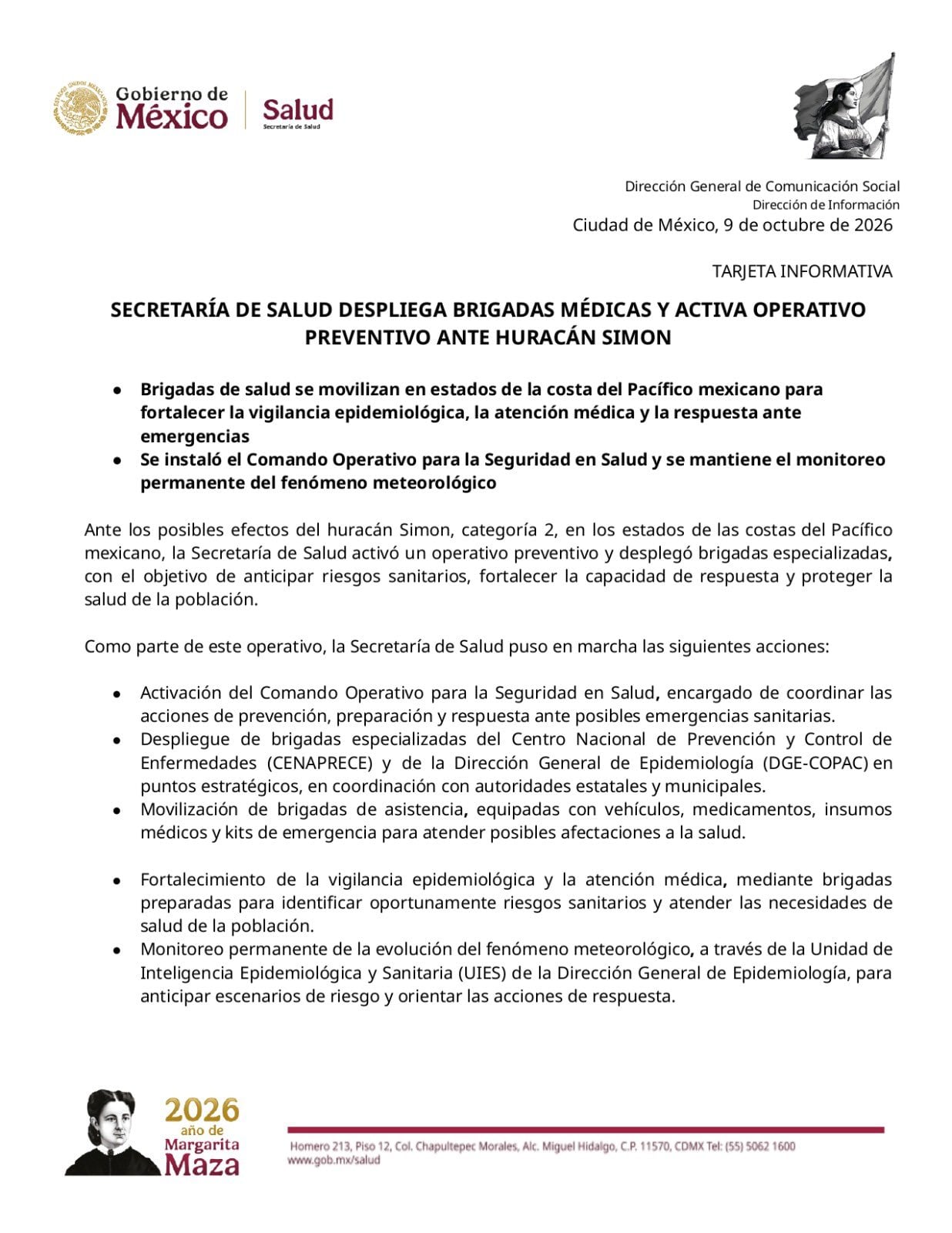 Secretaría de Salud despliega brigadas médicas y activa operativo en zonas afectadas por el huracán Simón
