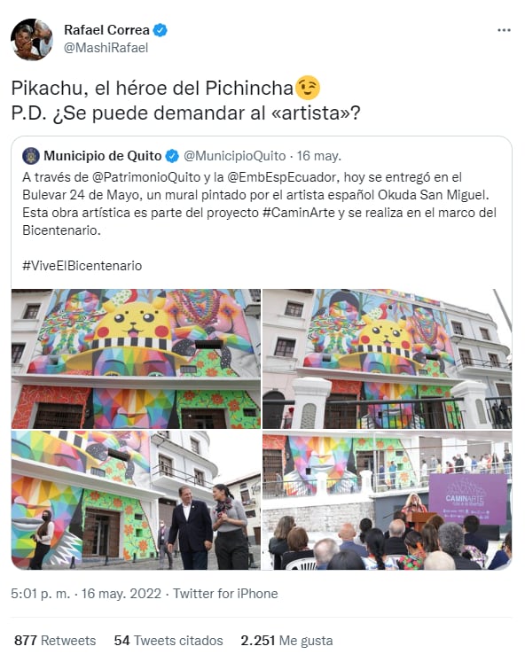 Tuit de Rafael Correa quejándose del mural de Pikachu