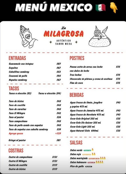 Menú de los tacos La Milagrosa de Juanpa Zurita.