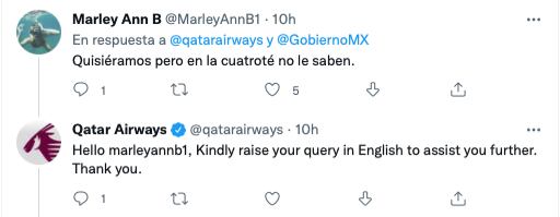 Tuits de respuesta de la cuenta de Qatar Airways/Twitter