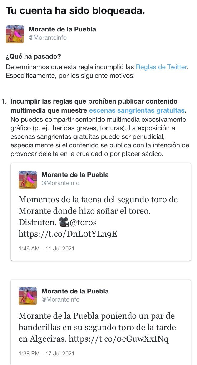 Twitter cierra la cuenta del torero