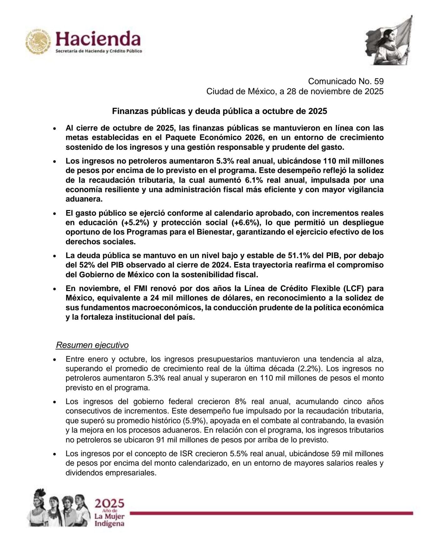Hacienda reporta finanzas públicas sólidas en octubre de 2025;