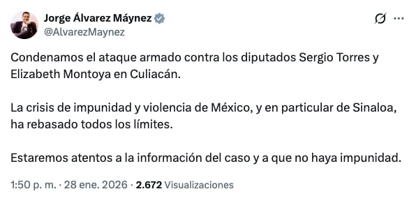Álvarez Máynez se pronuncia por ataque contra diputados de MC en Culiacán