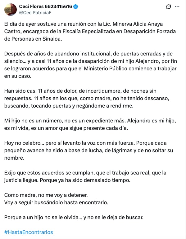 Ceci Flores tras reunión con Fiscalía en Sinaloa