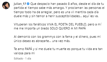 Mensaje que Julián Figueroa dejó un día antes de su muerte, dedicado a Joan Sebastian.
