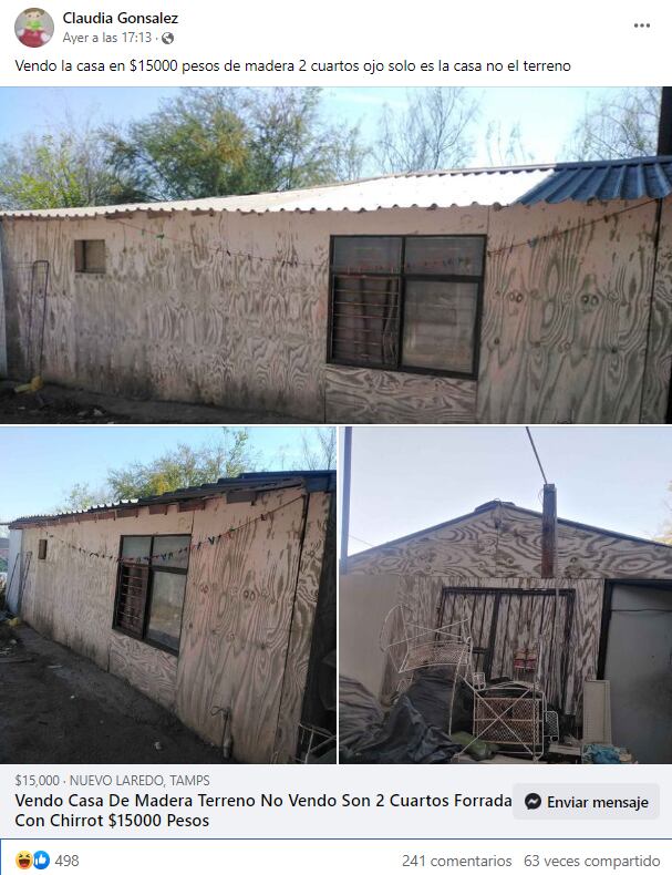 Mujer pone a la vende casa pero no el terreno