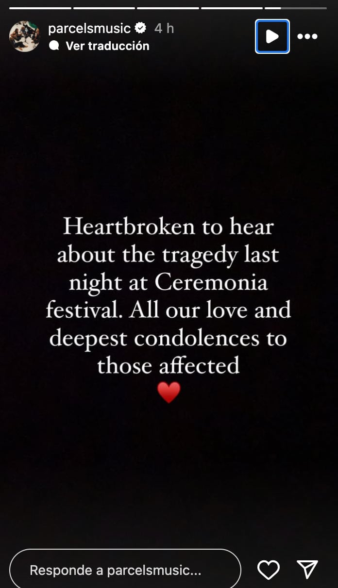 Mensaje de apoyo a las víctimas de Axe Ceremonia 2025 de Parcels