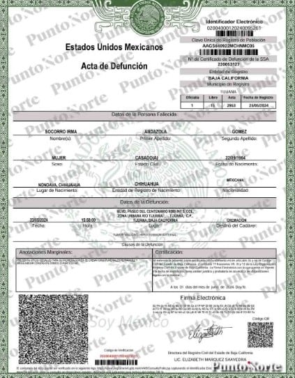 Acta de Defunción de Socorro Irma Andazola
