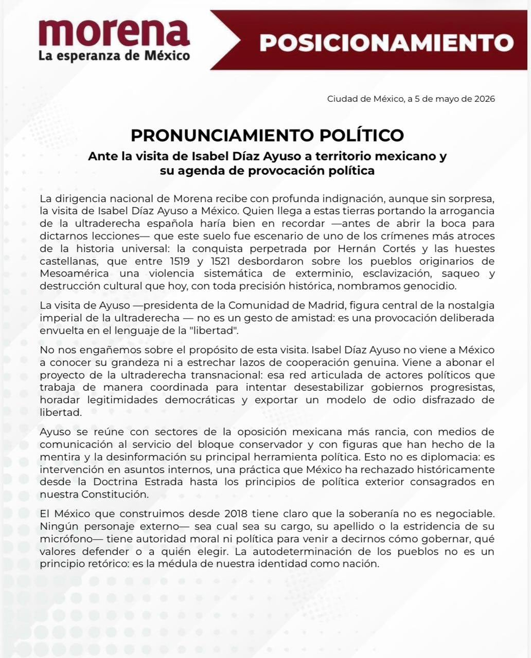 Morena acusa “provocación política” de Díaz Ayuso tras visita a México