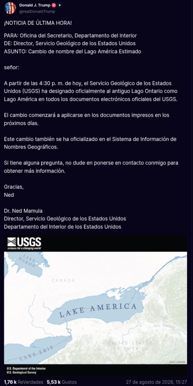 Estados Unidos renombra oficialmente el lago Ontario como “Lago América” por orden de Trump