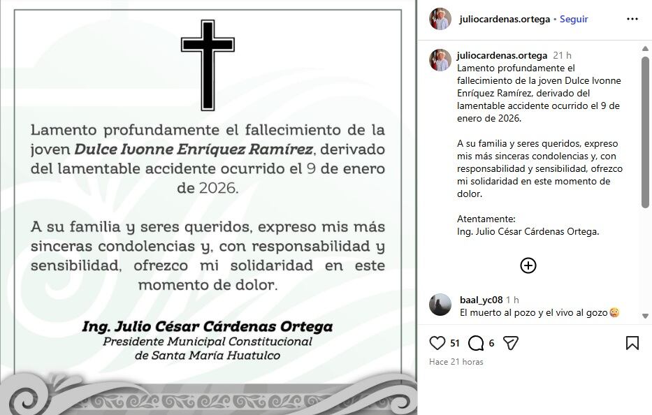 Muere la influencer Dulce Enríquez tras accidente en Huatulco; el alcalde iba en el vehículo