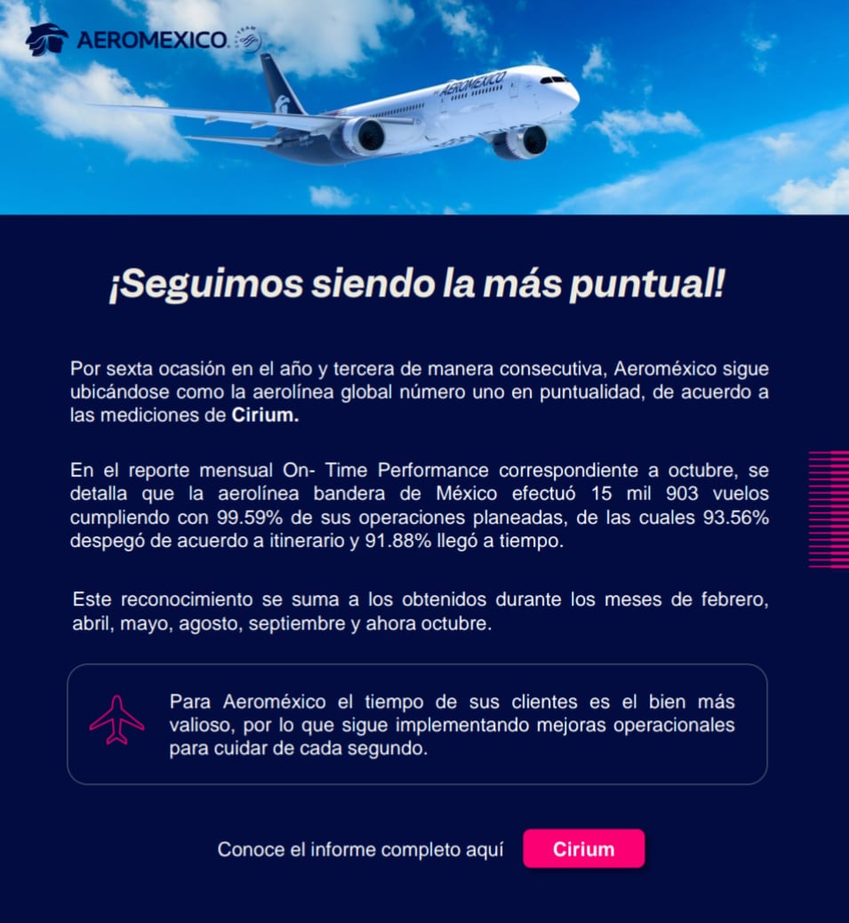 Aeroméxico anuncia su sexta ocasión como la aerolínea mas puntual del mundo en el año