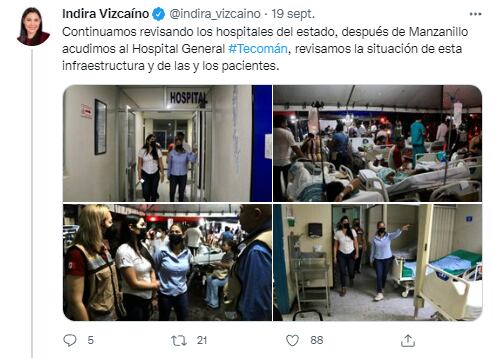 En Colima, Indira Vizcaíno efectuó recorridos para ver daños por sismo del 19 de septiembre