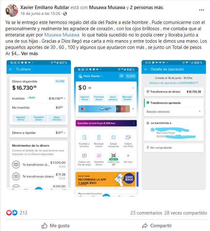 Publicación en Facebook del trabajador que ayudó a padre desempleado