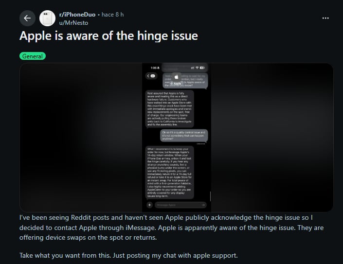 Usuario de Reddit respecto a fallas del iPhone Duo