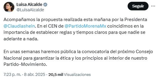 Luisa Alcalde responde a Claudia Sheinbaum: pronto habrá reglas y tiempos en Morena sobre elecciones 2027
