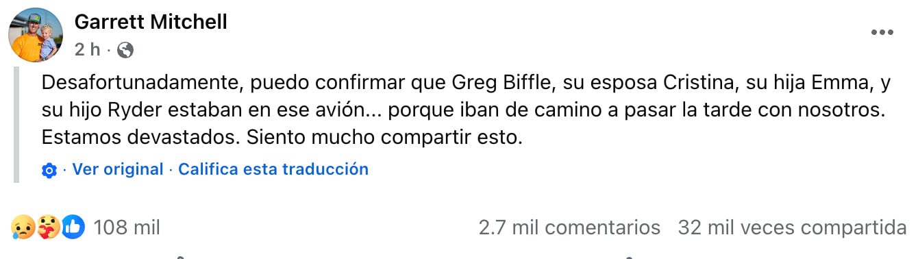 Confirman muerte de Greg Biffle y su familia.