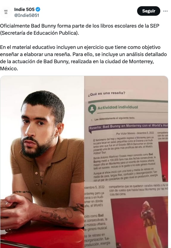 Bad Bunny saldría en los libros de la SEP.