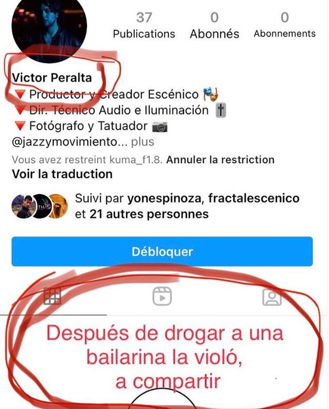 Perfil de Víctor Peralta compartido por las bailarinas