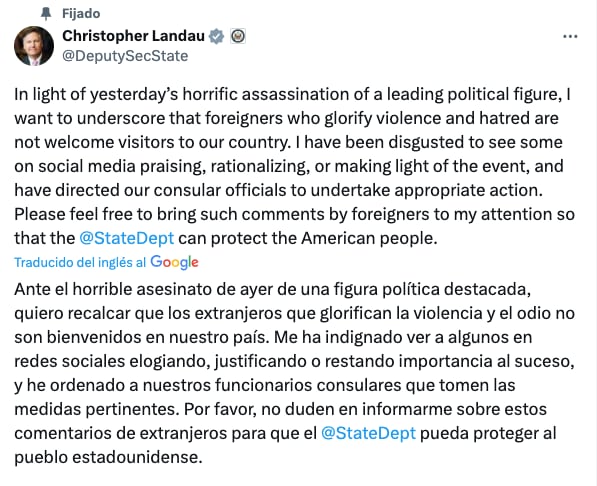 Estados Unidos advierte a extranjeros que glorifiquen atentado Charlie Kirk: no entrarán al país