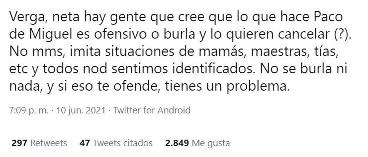 Respuesta de usuario de Twitter ante la tendencia de Paco de Miguel