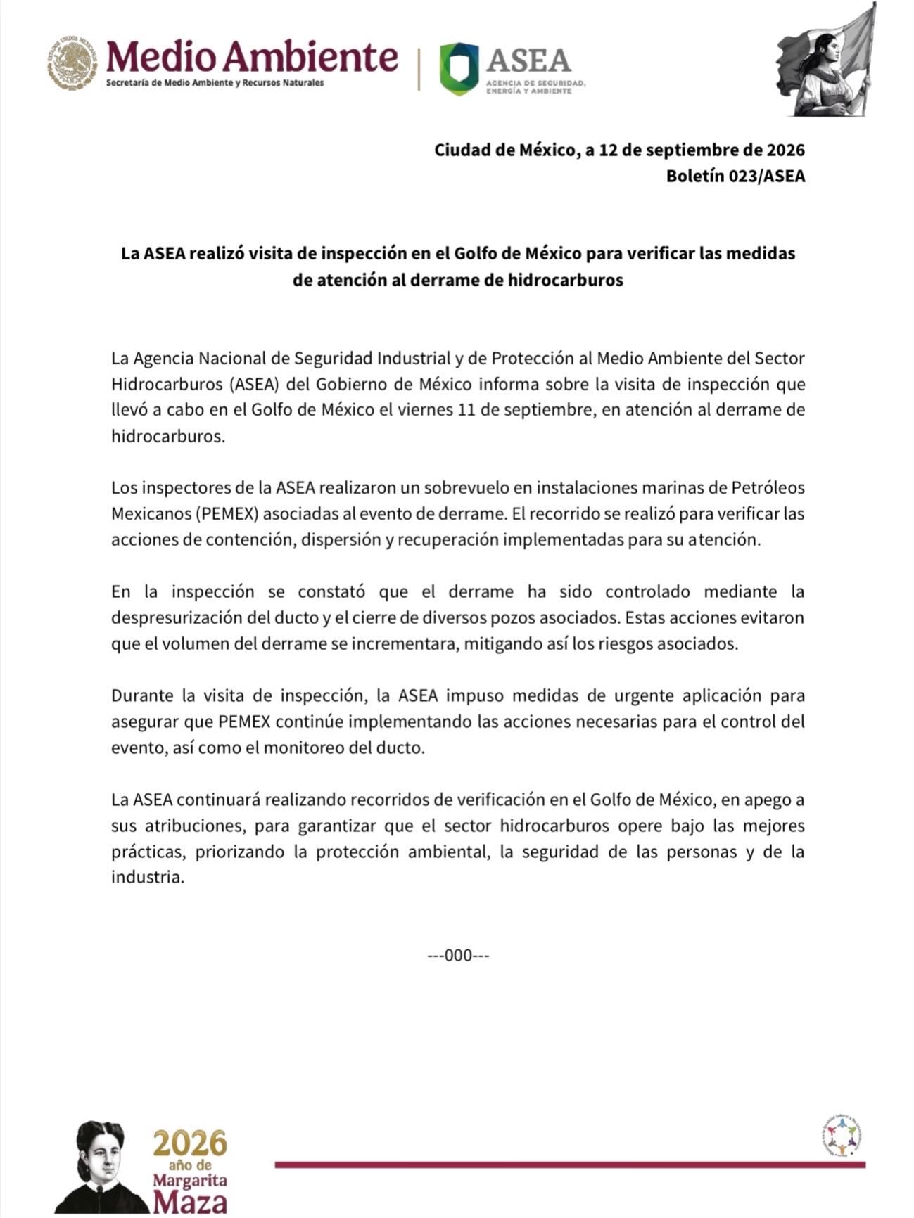 ASEA confirma que derrame en el Golfo de México está controlado