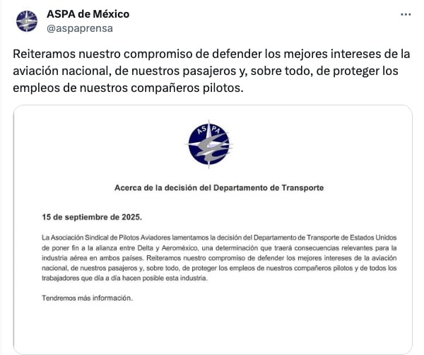 ASPA lamenta cancelación de Alianza Aeroméxico-Delta Airlines
