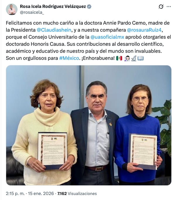 Rosa Icela Rodríguez felicita a Annie Pardo por el Doctorado Honoris Causa que recibirá