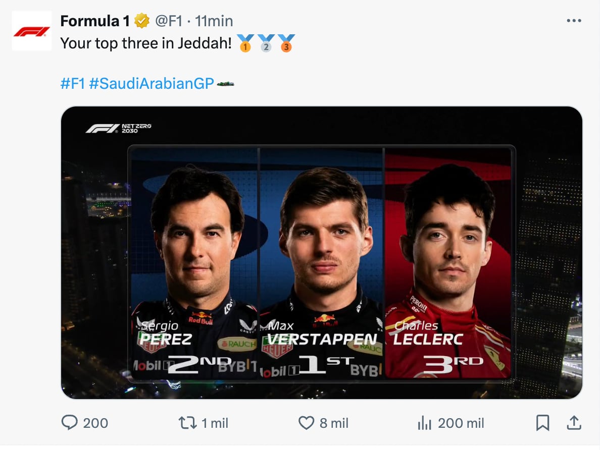 Checo Pérez terminó segundo en el Gran Premio de Arabia Saudita