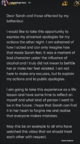 Reyn Du Preez disculpas por agresión sexual a mesera