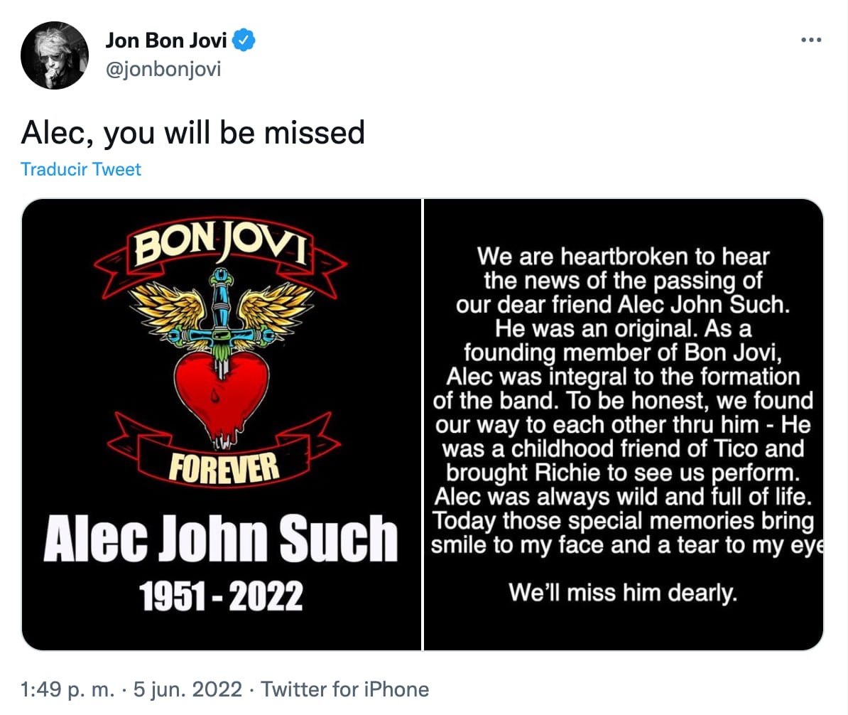 Jon Bon Jovi confirma muerte de Alec John Such