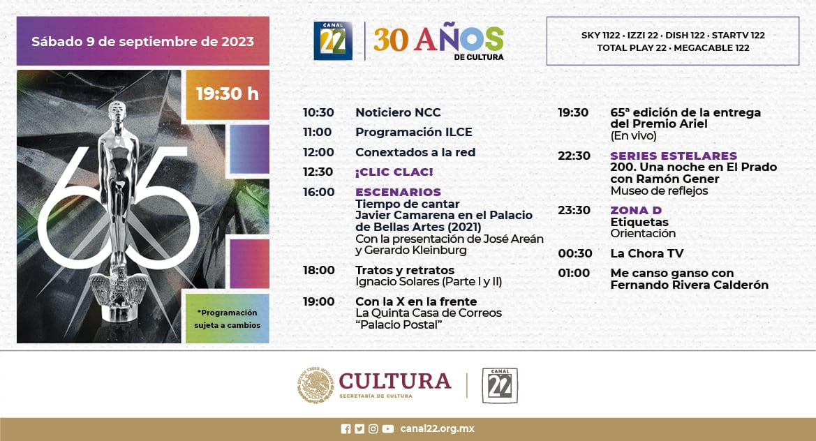 Programación y horarios de los Premios Ariel 2023 en Canal 22