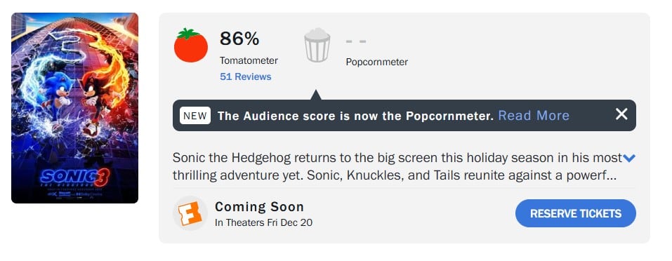 Sonic 3 en Rotten Tomatoes