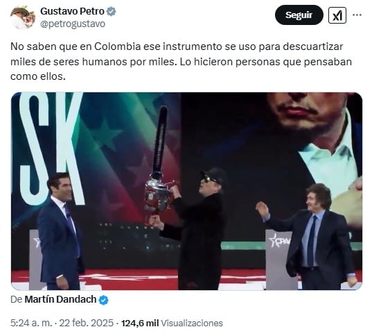 Gustavo Petro critica la motosierra que Javier Milei le regaló a Elon Musk: “Ese instrumento se usó para descuartizar a miles de seres humanos”
