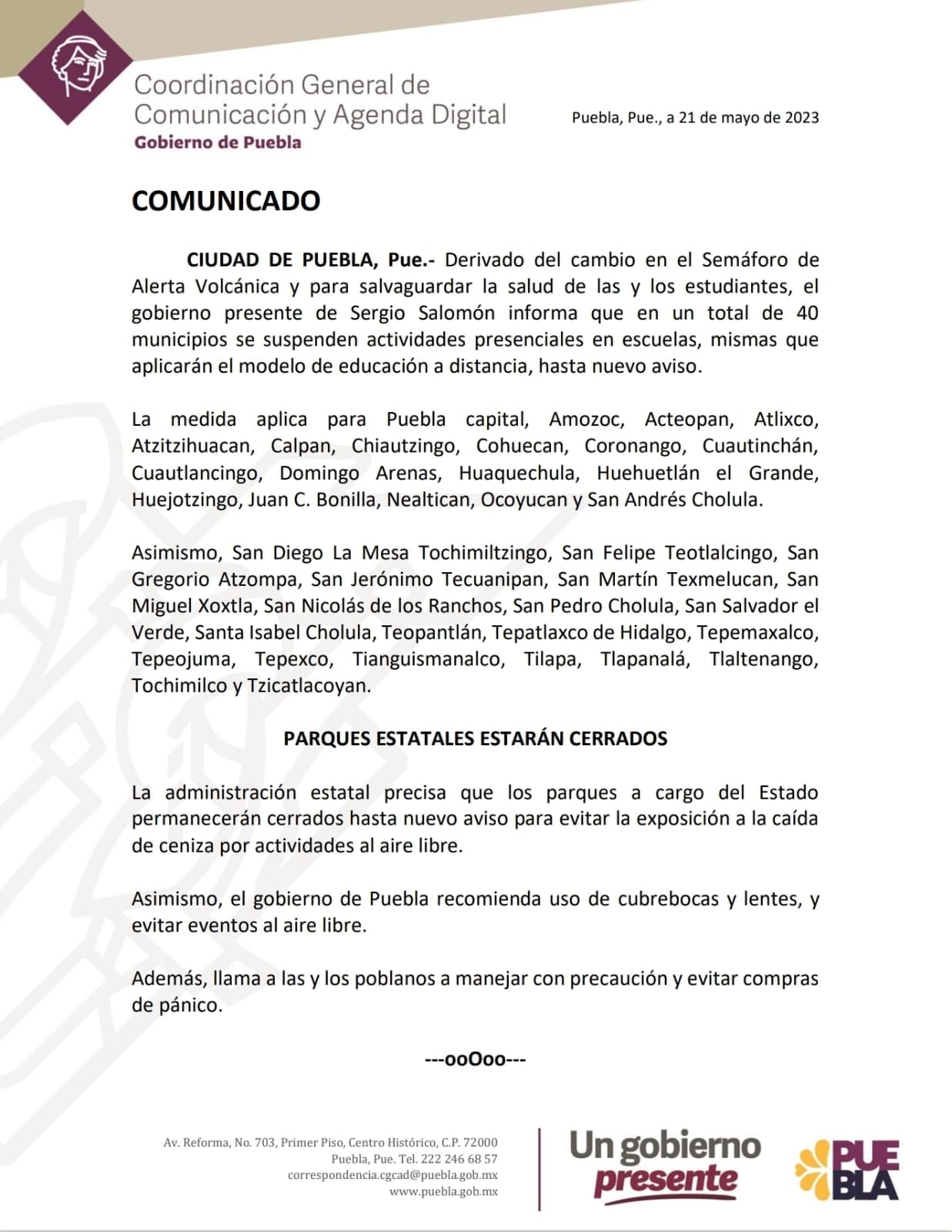 GOBIERNO DE PUEBLA EMITE COMUNICADO SOBRE LAS CLASES