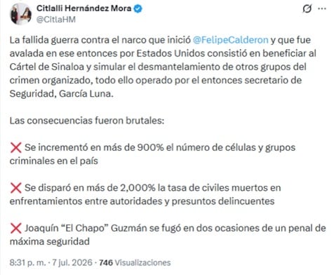 Citlalli Hernández acusa a Felipe Calderón de beneficiar al Cártel de Sinaloa