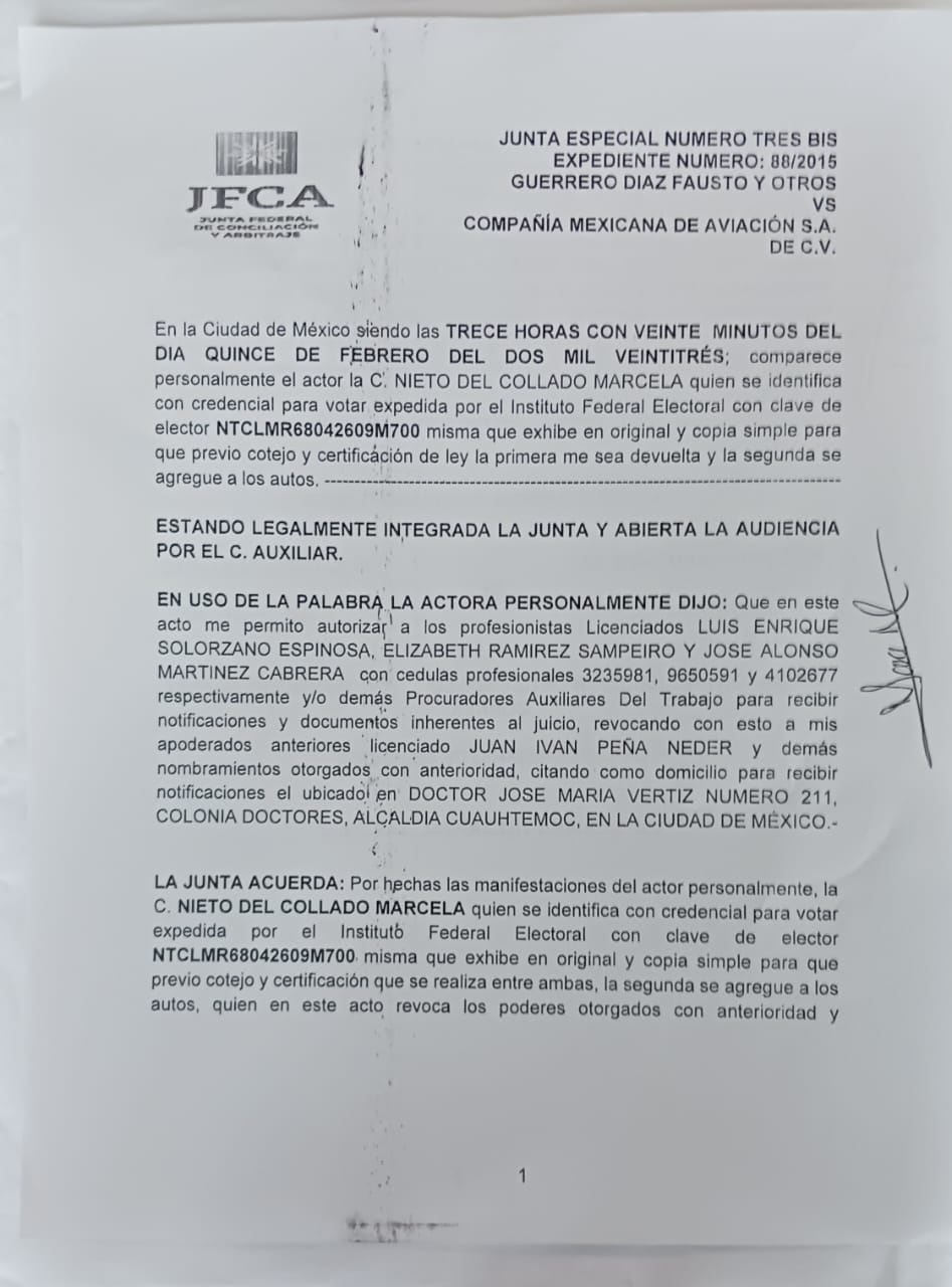 Revocación de poder al abogado de AJTEAM ante la JFCyA