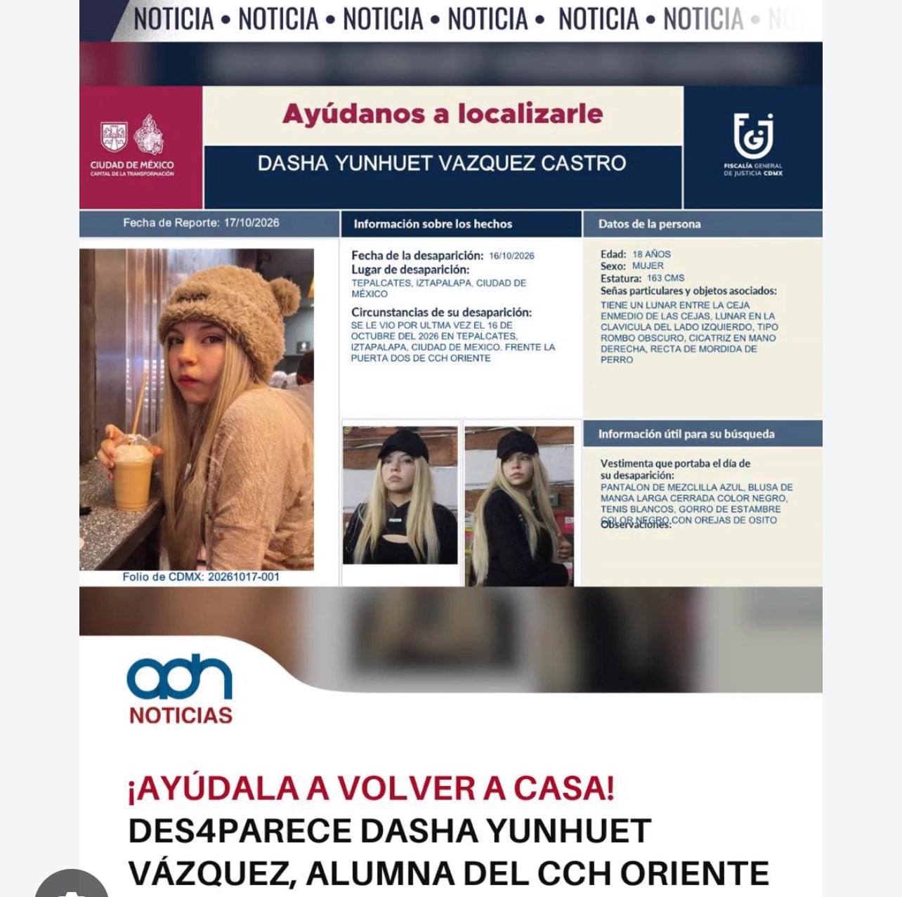 Dasha Yunhuet, estudiante del CCH Oriente desaparecida en CDMX, envía mensaje desde Nuevo León